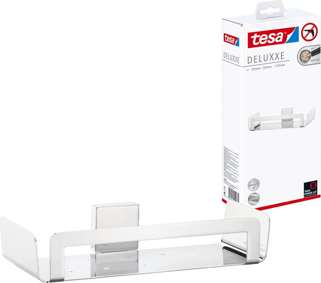 tesa Duschablage ohne Bohren - Duschkorb selbstklebend - chrom glänzend DELUXXE