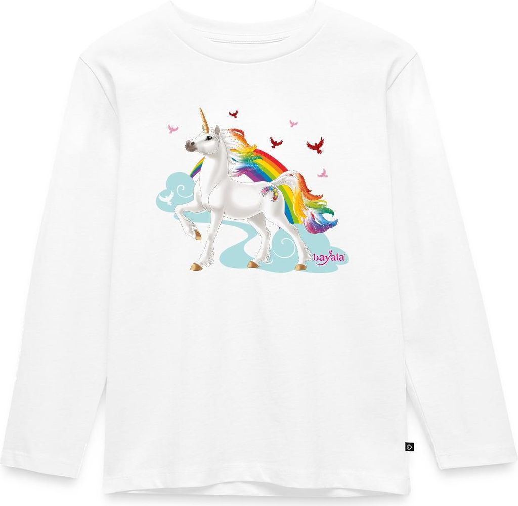 Spreadshirt Schleich Bayala Regenbogeneinhorn Hengst Kinder Premium Langarmshirt, 98/104 (2 Jahre), Weiß