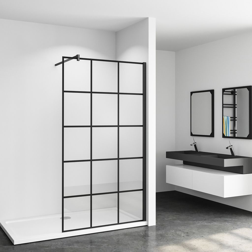 8mm Schwarz Gittermuster Form Duschwand für Begehbare Dusche Hartglas 90×200 cm + F Form 140cm flexiblen Stange Schwarz