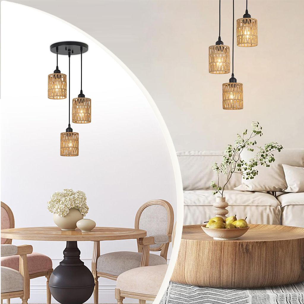 Rattan Pendelleuchte Esstisch 3 Flammig Vintage Hngelampe