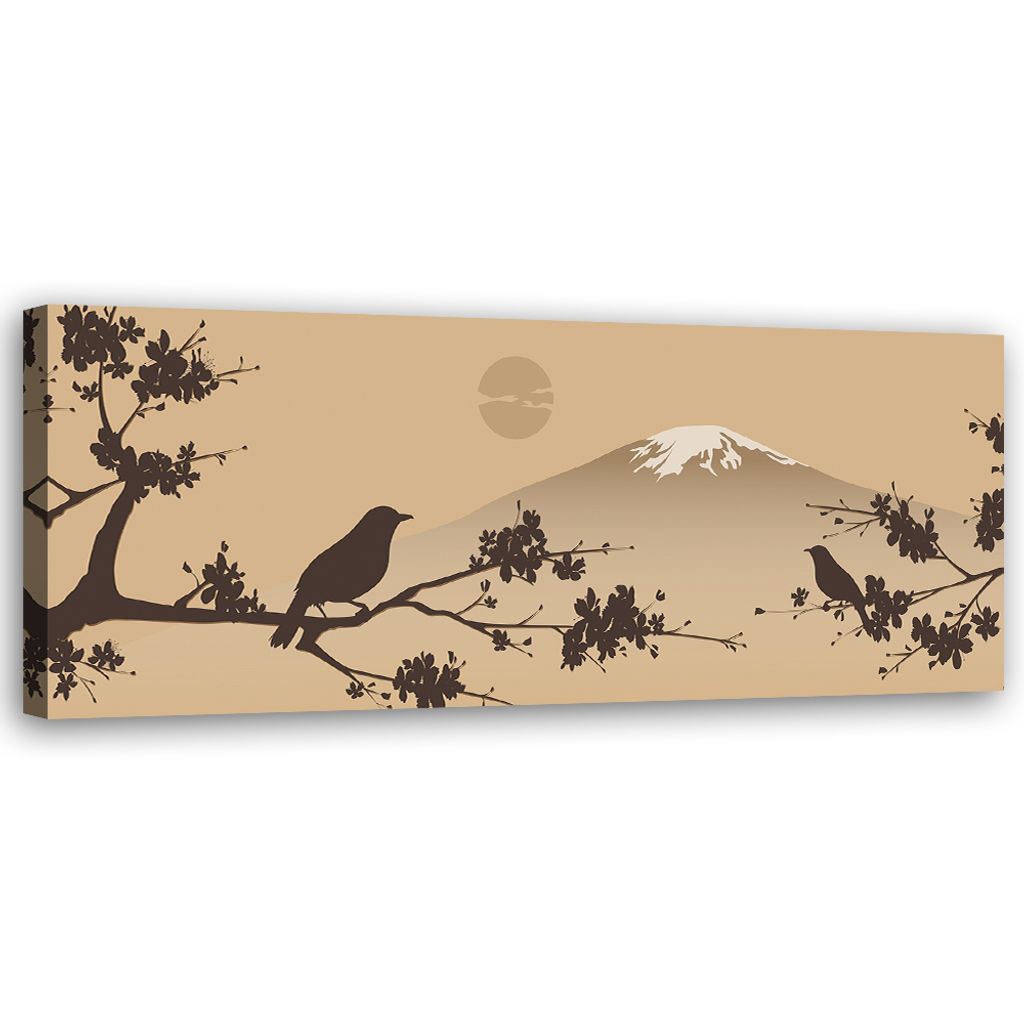 Leinwandbild Vogel auf einem Ast Japan 150x50 Feeby Beige bild für die wand bereit zum aufhängen