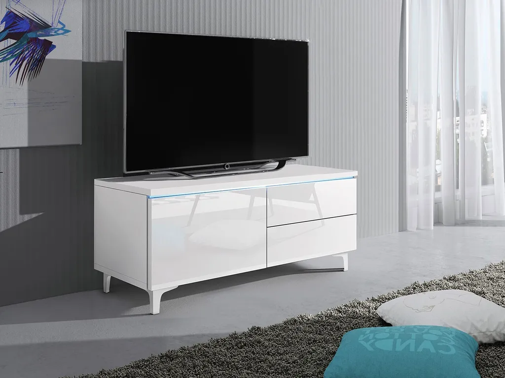 Banc TV blanc brillant FERNS 11 avec LED - Mobilier de salon sur pieds