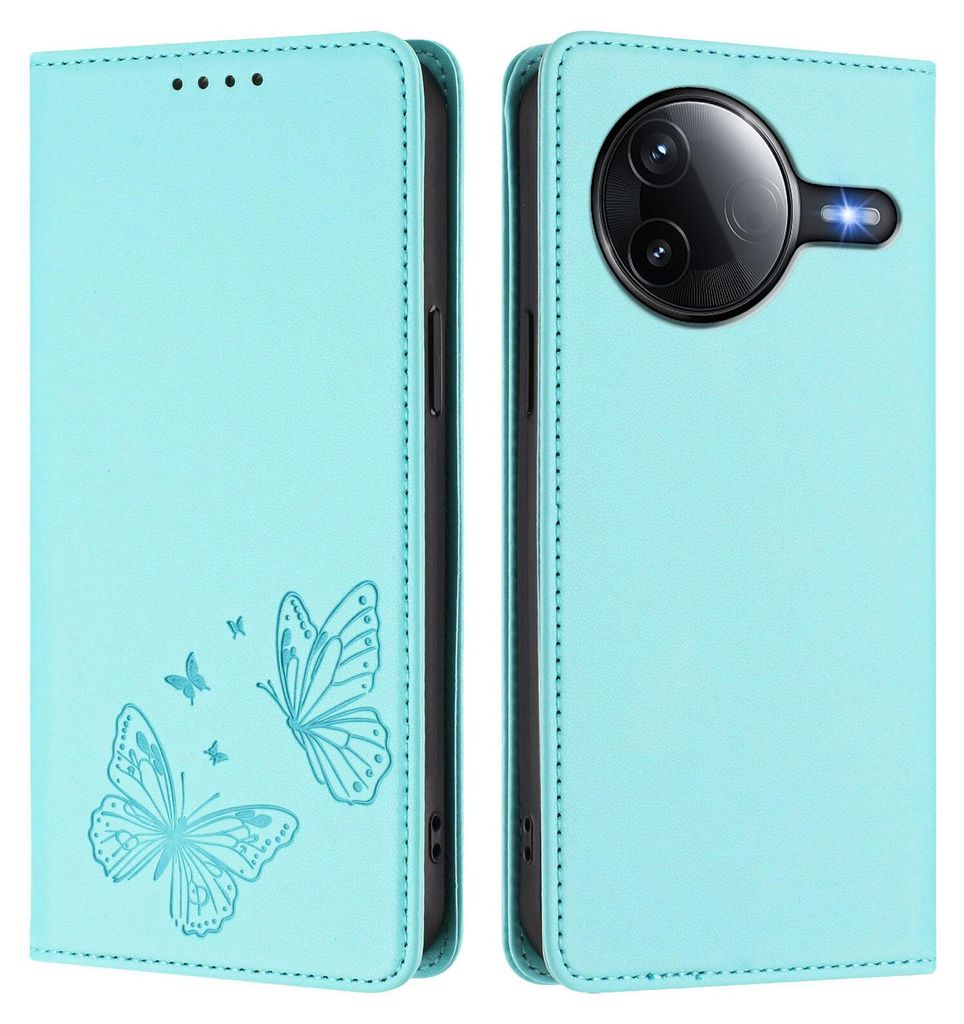 Lederhülle für Xiaomi Poco F7 Pro/F7 Ultra, Schmetterling Prägung Leder Brieftasche Schutzhülle mit Ständer Türkis