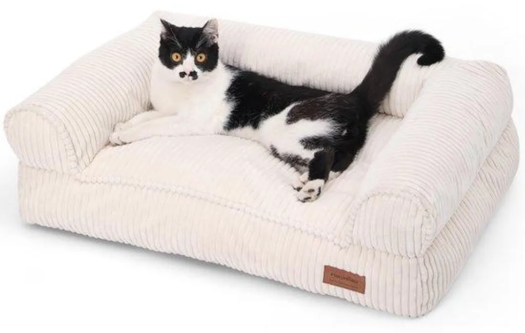 Panier Chien Déhoussable et Lavable en Velours Côtelé Crème 72cm