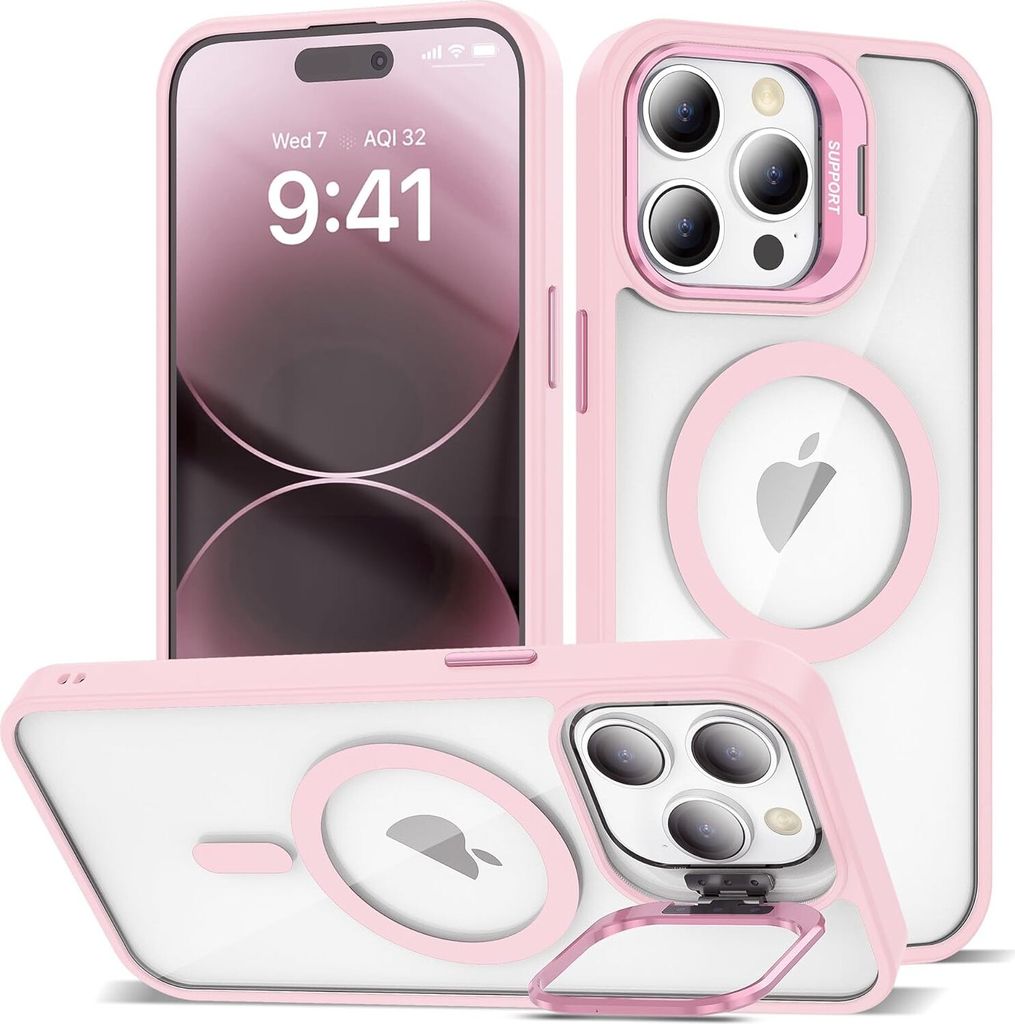 Magnetisch Hülle für iPhone 16 Pro, Kompatibel mit MagSafe, Transparent Rückseite TPU Bumper Handyhülle mit Kameraständer Pink