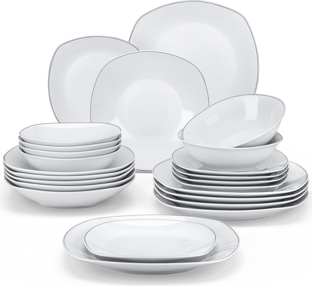 A collection of white ceramic plates and bowls with a thin silver rim, neatly stacked and arranged on a white background.