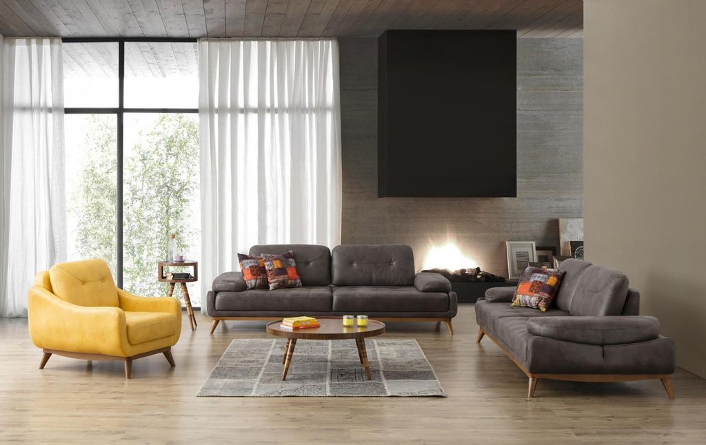 Stilvolle Wohnzimmer Designer Garnitur Dreisitzer Moderner Sessel 2tlg