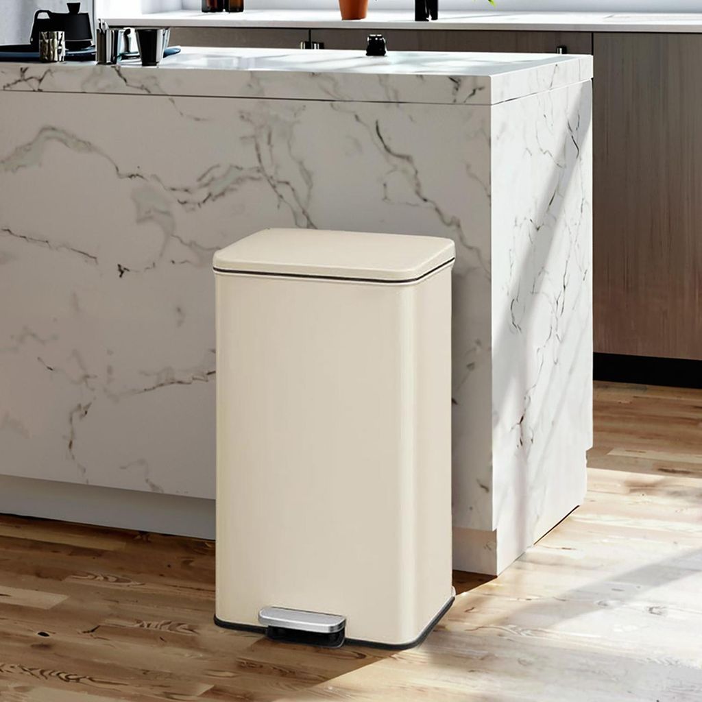 SONGMICS Mülleimer, 40 Liter Abfalleimer, 15 Müllbeutel inklusive, großer Tretmülleimer mit Deckel, aus Stahl, Softclose, beige