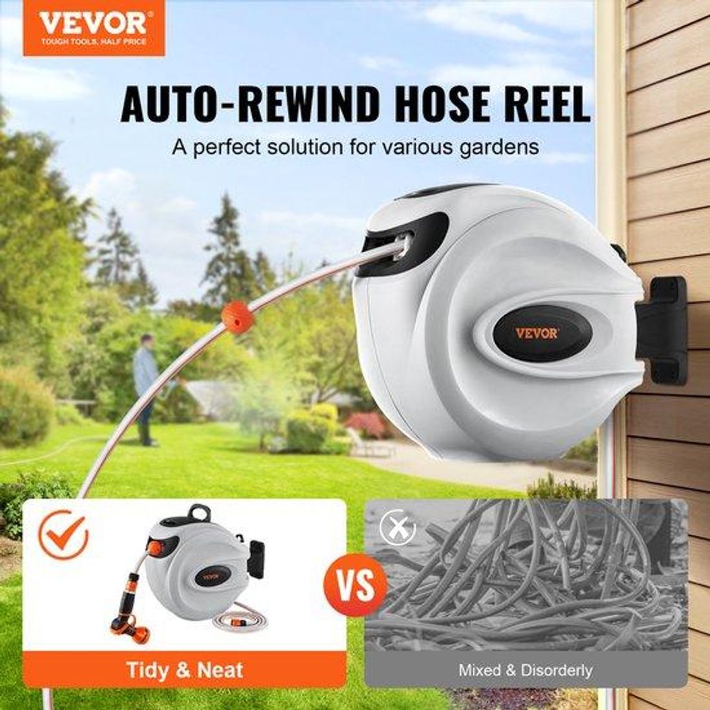 EliteNest – Einziehbarer Gartenschlauchaufroller – 180° drehbar – Automatisches Aufrollsystem – Inklusive Sprühkopf mit 9 Einstellungen...