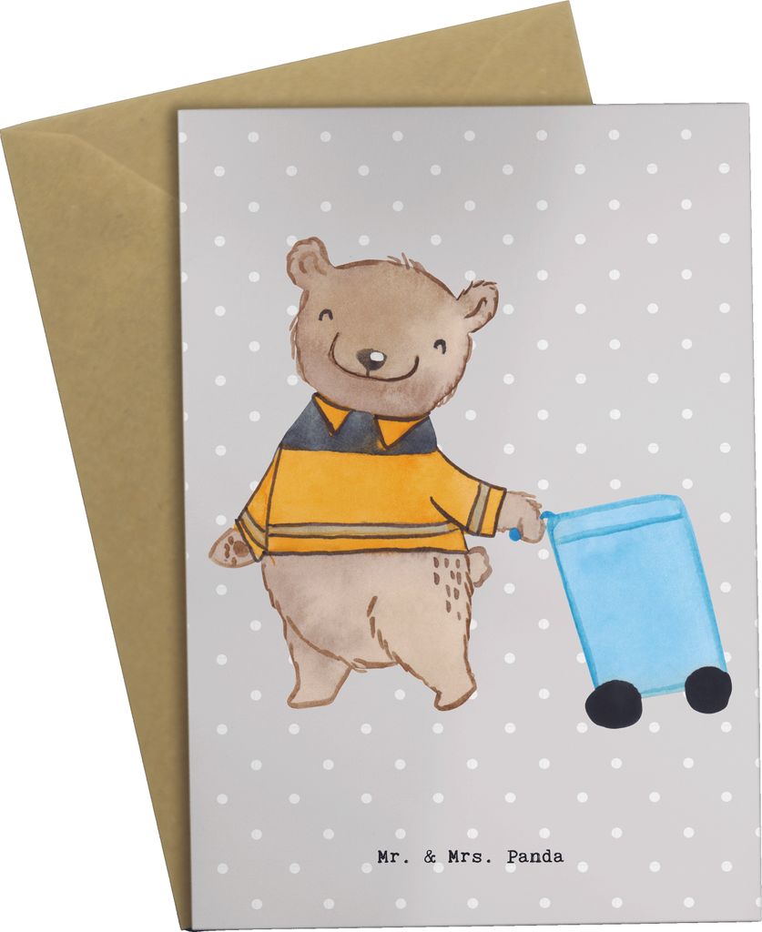 Mr. & Mrs. Panda Glückwunschkarte Müllwerker Herz - Grau Pastell - Geschenk, hochzeitskarten, Putzen, Müllentsorger, osterkarte, Klappkarte, Mü...
