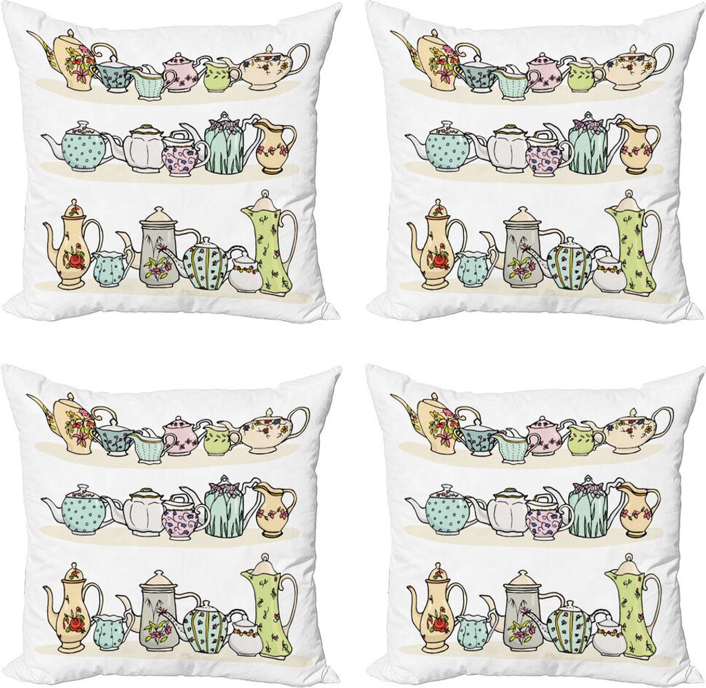 ABAKUHAUS Teezeit Kissenbezug Set (4 Stück), Vintage-Töpfe Set und Krüge, Moderner Doppelseitiger Digitaldruck, 40 cm x 40 cm, Mehrfarbig