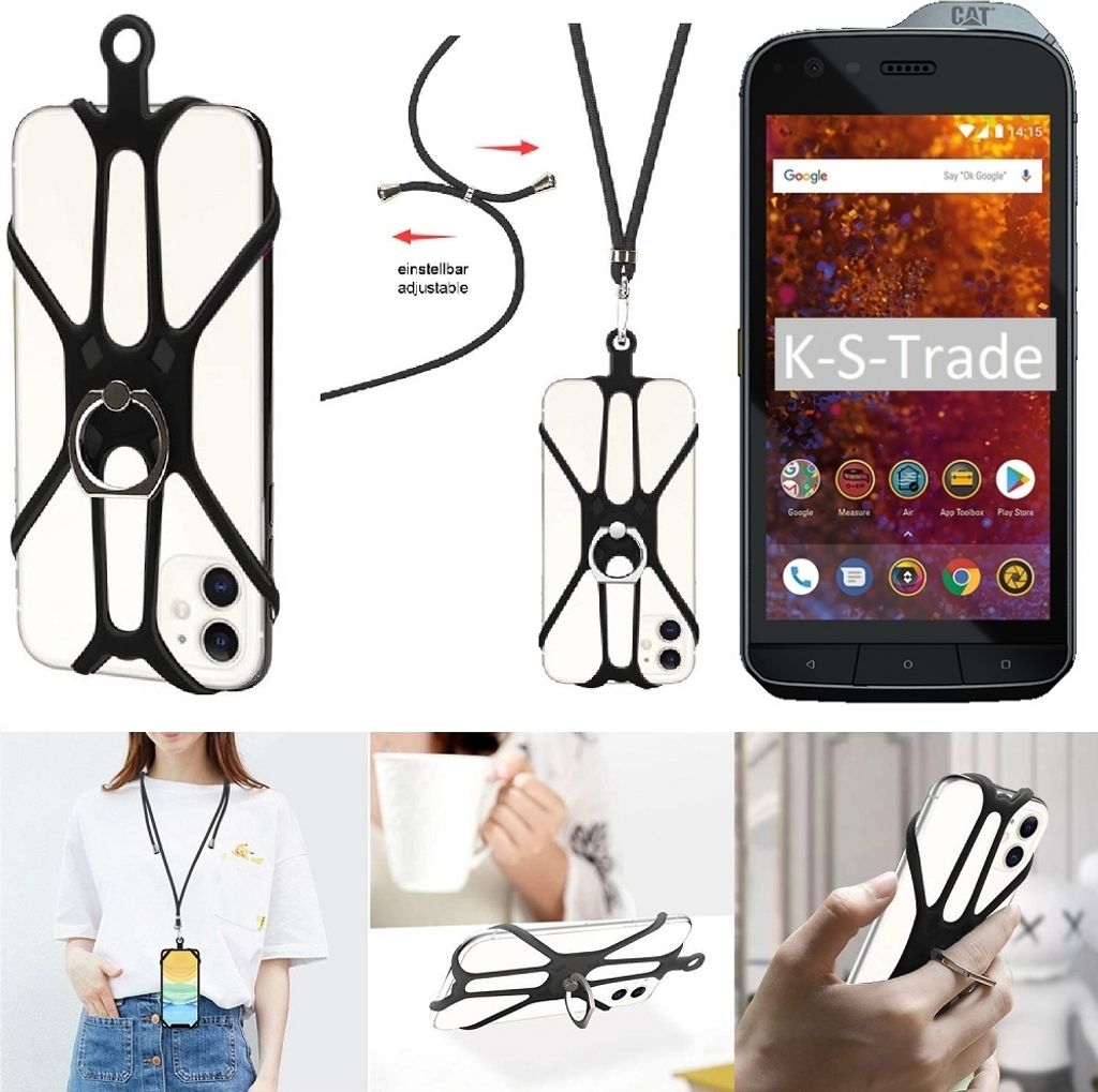 K-S-Trade 3in1 Handykette Handyband Handykordel Halsband Smartphone-Ring Handy-Ring kompatibel mit Caterpillar Cat S61 Fingerhalterung Handyring