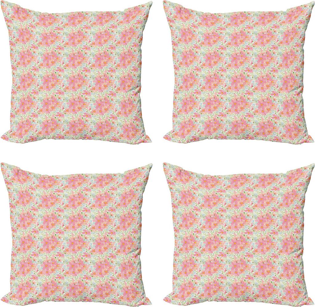 ABAKUHAUS Pastell Kissenbezug Set (4 Stück), Frühlings-Blumen und Kräuter, Moderner Doppelseitiger Digitaldruck, 40 cm x 40 cm, Mehrfarbig