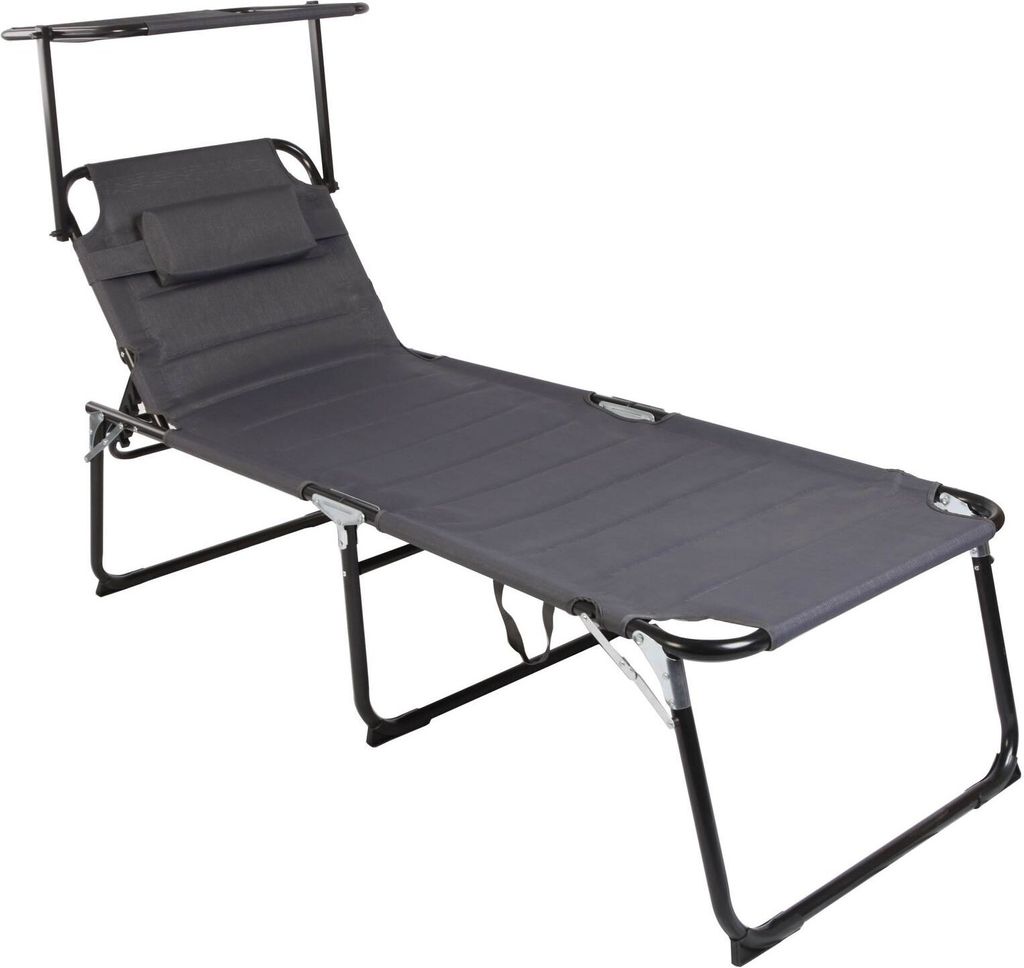 A gray outdoor lounge chair with a canopy.