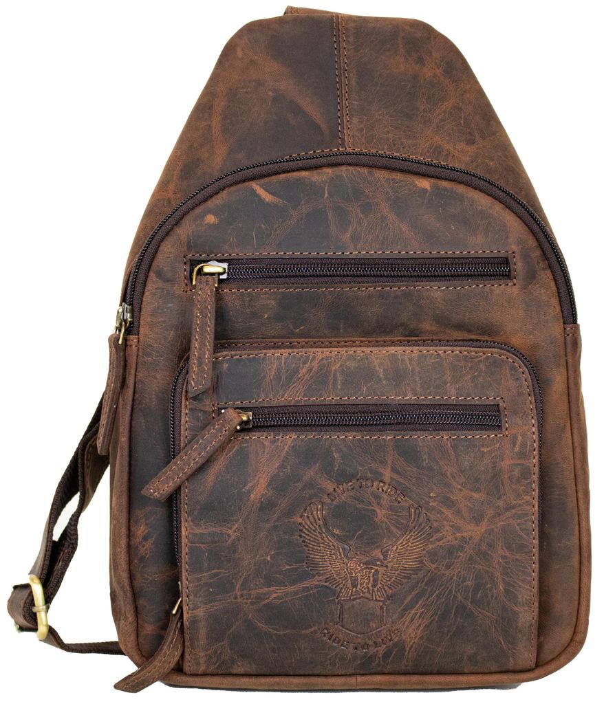 Vintage Herren Leder Brusttasche Motorrad Rucksack Schultertasche Umhängetasche(Braun)