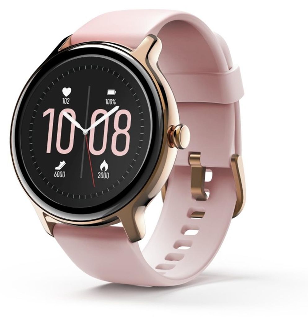 A smartwatch with a pink band and gold accents is displayed against a white background.