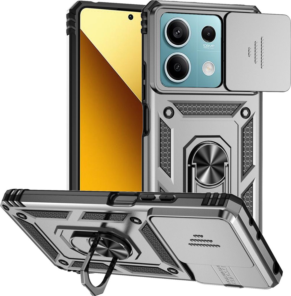 Hülle für Xiaomi Redmi Note 13 5G mit Schiebe Kamera Schutz und Ringhalter Ständer Schutzhülle Silber