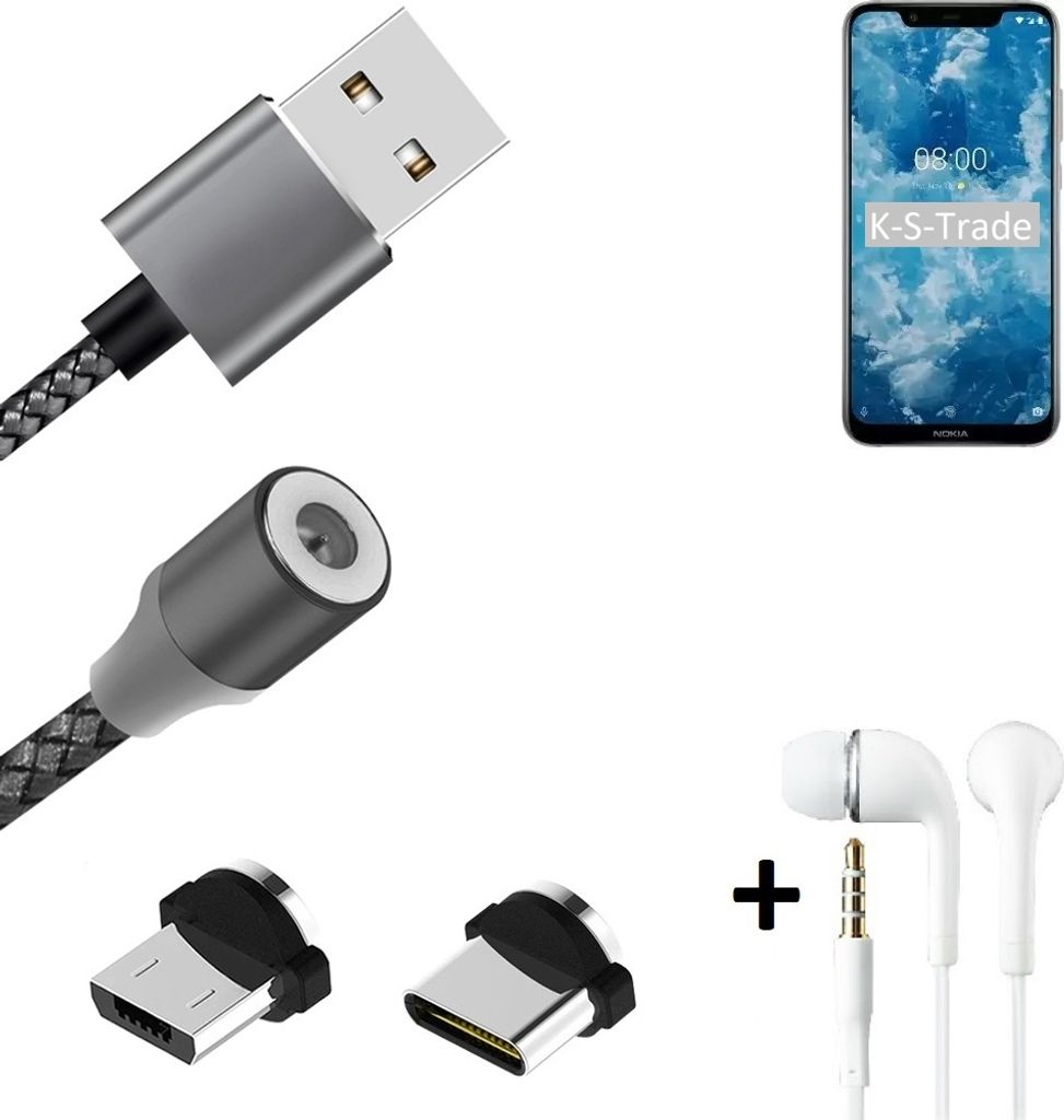 K-S-Trade Hochwertiges Magnet-Lade-kabel Sync-Kabel Daten-Kabel + Kopfhörer kompatibel mit Nokia 7.1 Plus mit USB-Typ-C-Anschluss und