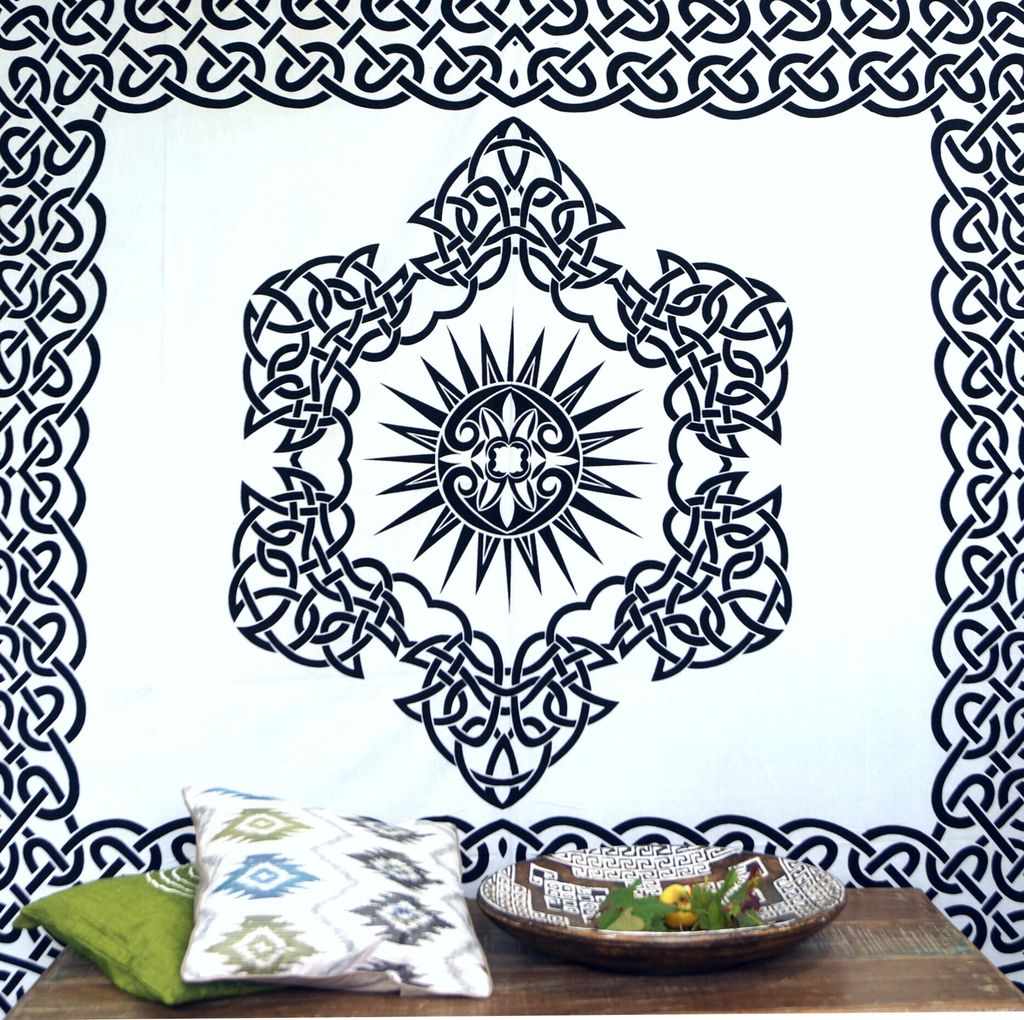 Wandbehang, Wandtuch, Mandala, Tagesdecke Keltisch - Design 1, Weiß, Baumwolle, 220*190*0,2 cm, Bettüberwurf, Sofa Überwurf