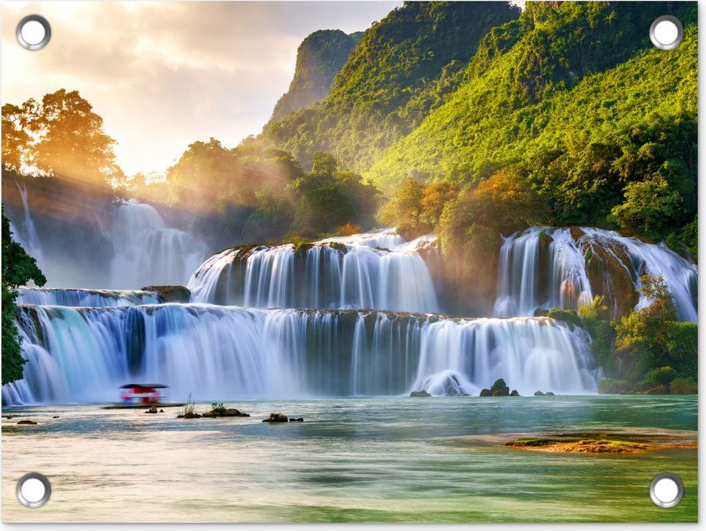 MuchoWow 40x30 cm Outdoor-Poster Gartendeko Sichtschutz Garten Poster für den Garten Wasserfall - Pflanzen - Sonne - Wasser - Natur