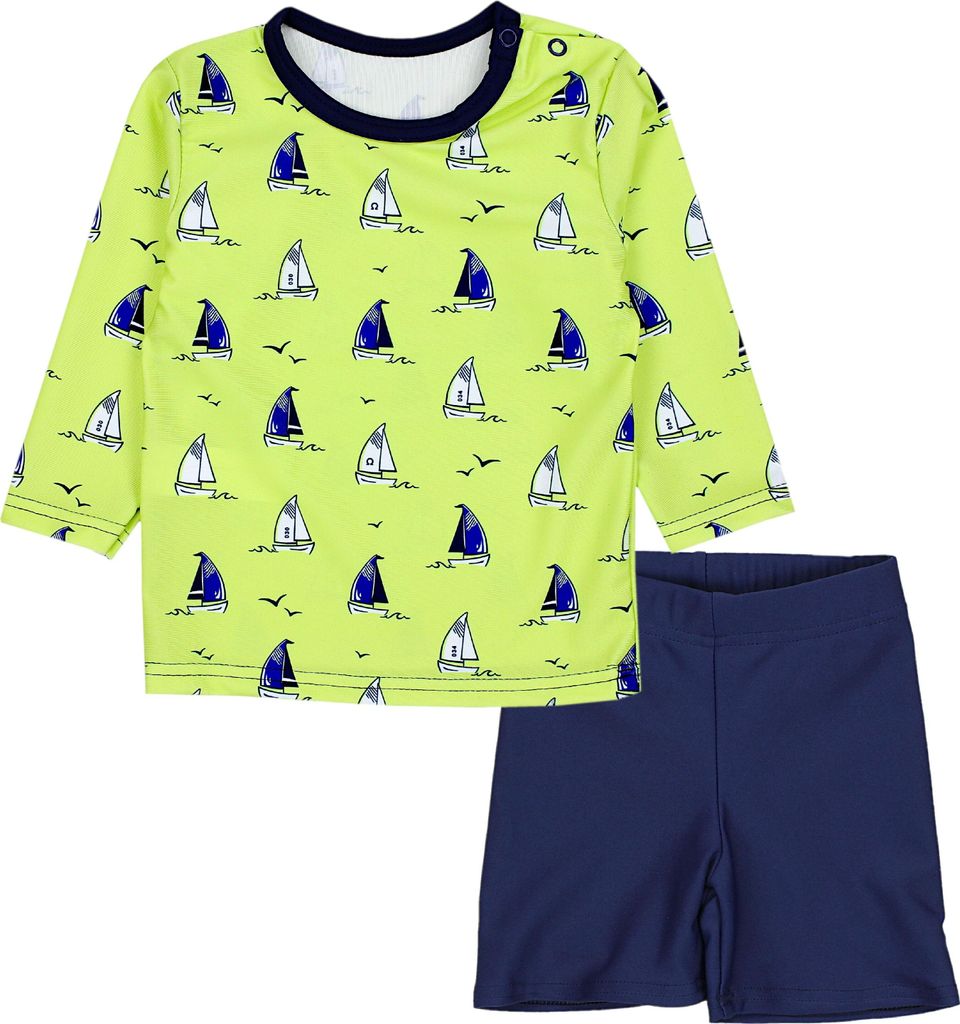 Aquarti Baby Jungen Bade-Set Zweiteiliger Kinder Badeanzug T-Shirt Badehose UV-Schutz, Farbe: Langarm / Segelboot Hellgrün / Dunkelblau , Größe:...