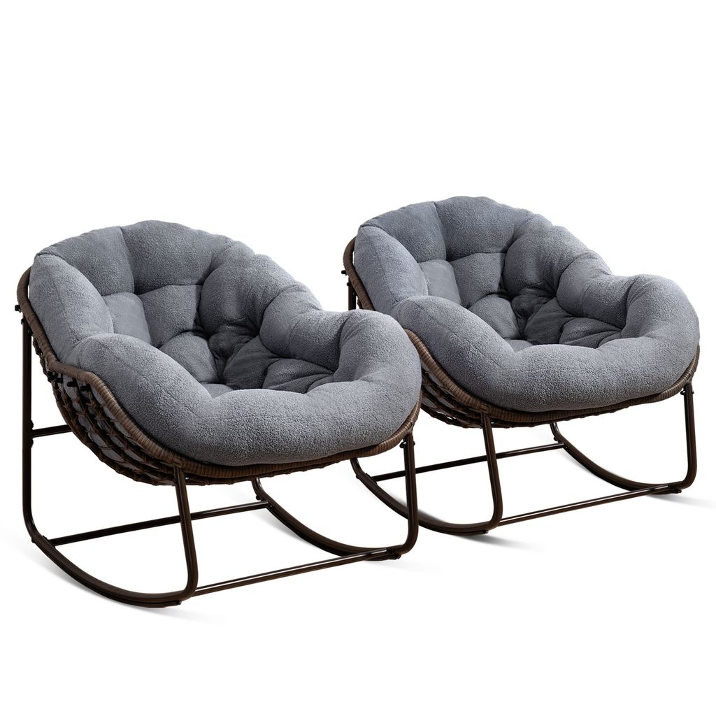 LVHOM Schaukelsessel Garten mit Kissen, 2 Stk. Rattanstühle mit Stahlrahmen, Schaukelstuhl Lounge-Schaukelsessel, Sessel für Balkon, Grau