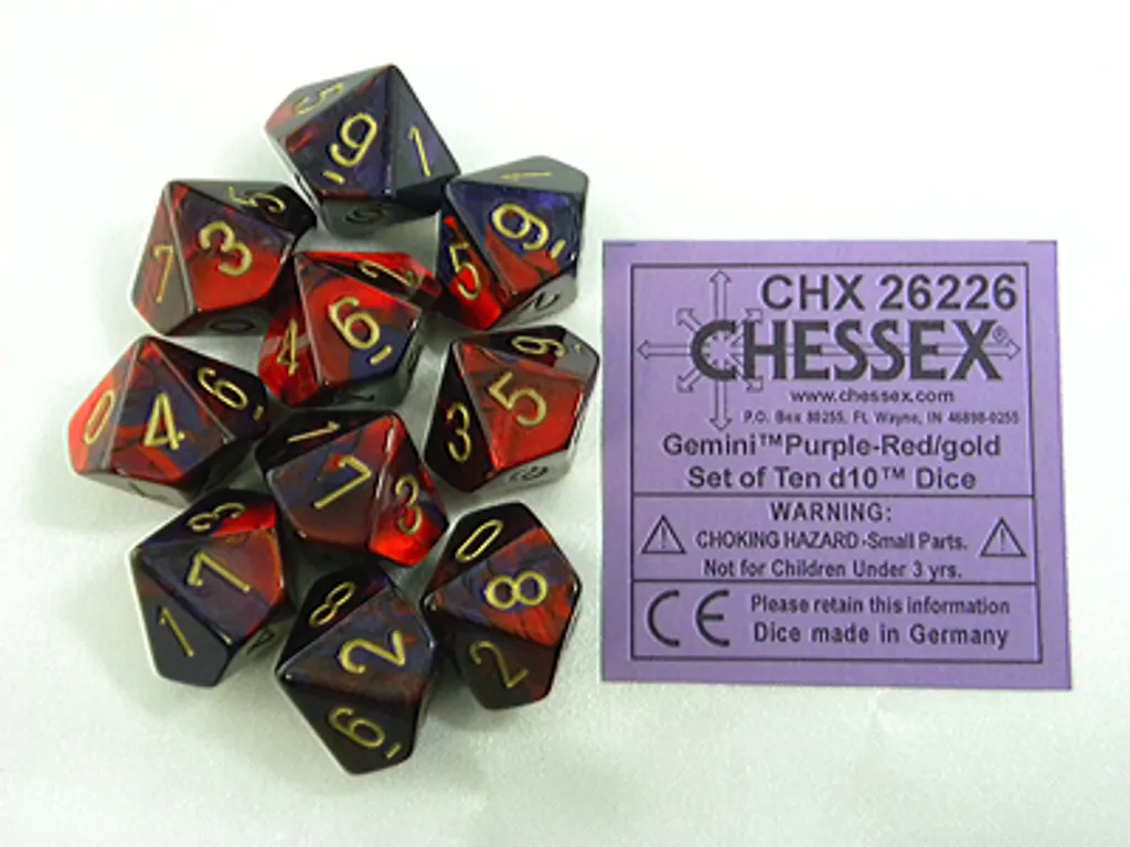 10 Dés D10 Chessex Gemini Lilas-Rouge Or pour Jeux de Rôle et RPG