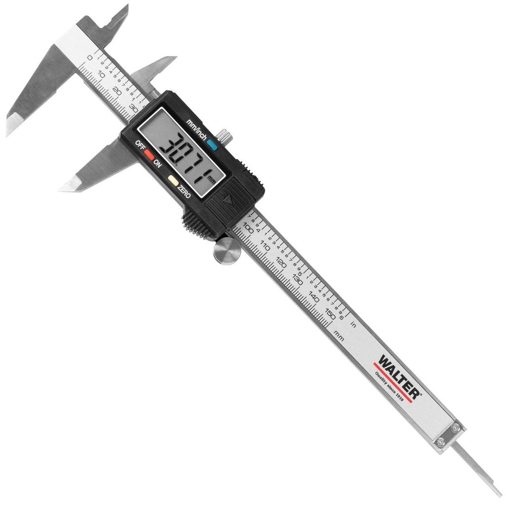 WALTER Digitale Schieblehre, Messschieber, 150 mm mit LCD-Display, Außen-, Innen- und Tiefmaß, in mm oder Zoll, inkl. Hardcase
