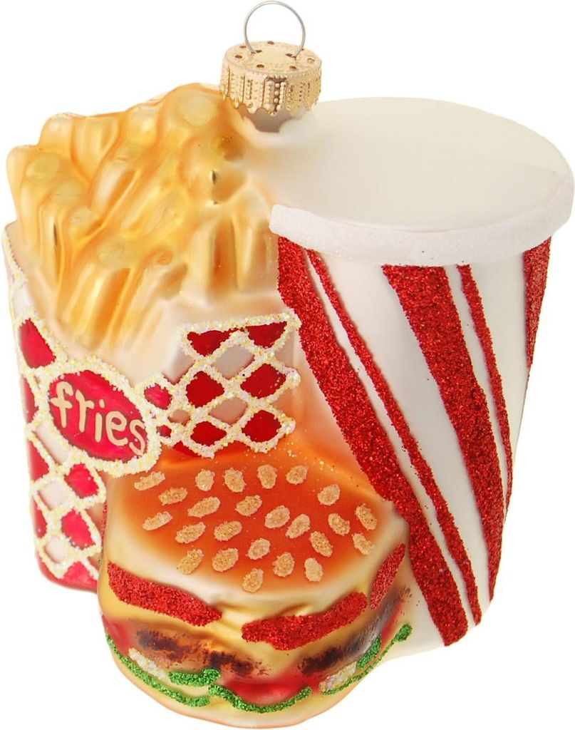 Krebs Glas Lauscha Weihnachtsbaumschmuck - Burgermenü - Burger, Pommes und Getränk - aus Glas - ca. 6 x 9 x 10 cm