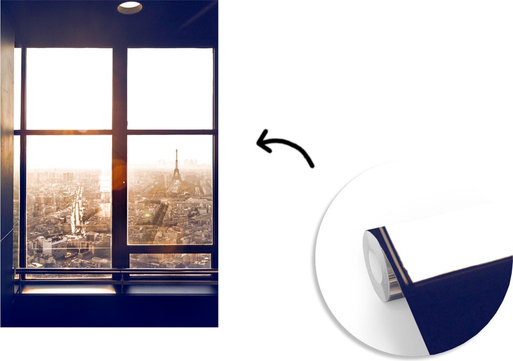 MuchoWow Fototapete für Wohnzimmer oder Schlafzimmer Wandtapete Vinyl Motivtapete Blick auf den Eiffelturm aus den Fenstern - 190x280 cm - Küche