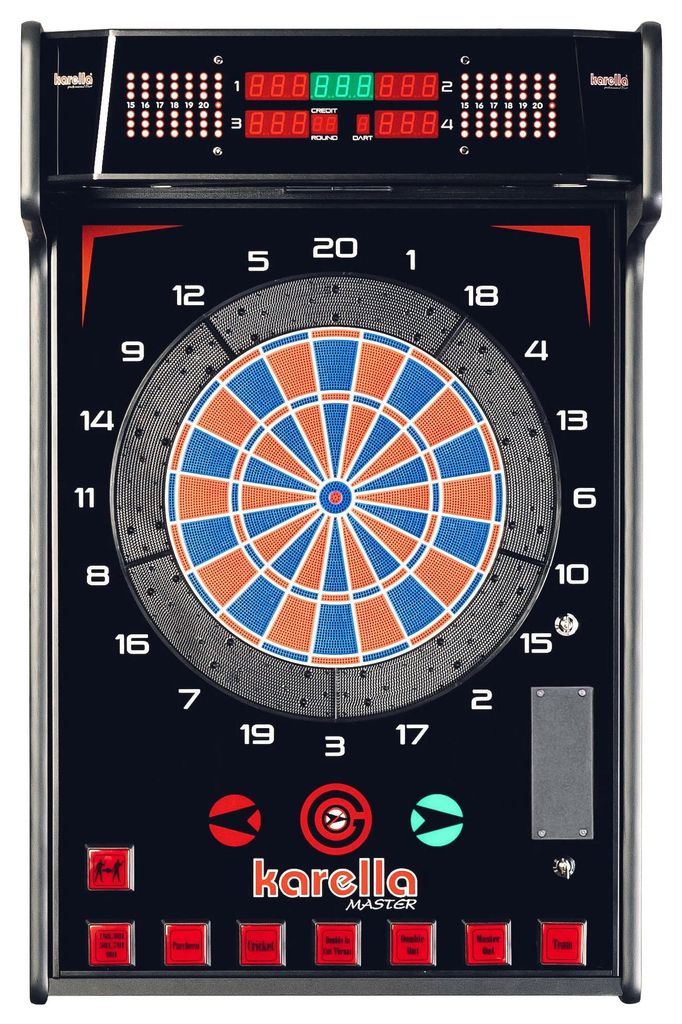 Karella elektronische Dartscheibe E-Master inkl. 6 Softdarts, Profi E-Dartboard, EU, Dartautomat erhältlich ohne Münzprüfer, bis 4 Spieler