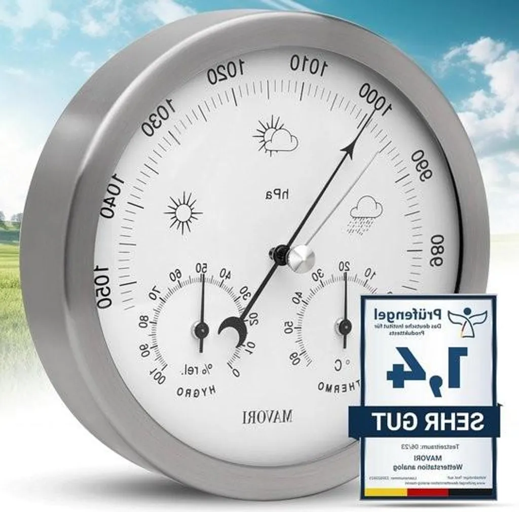 Thermomètre hygromètre baromètre mural en inox au design contemporain