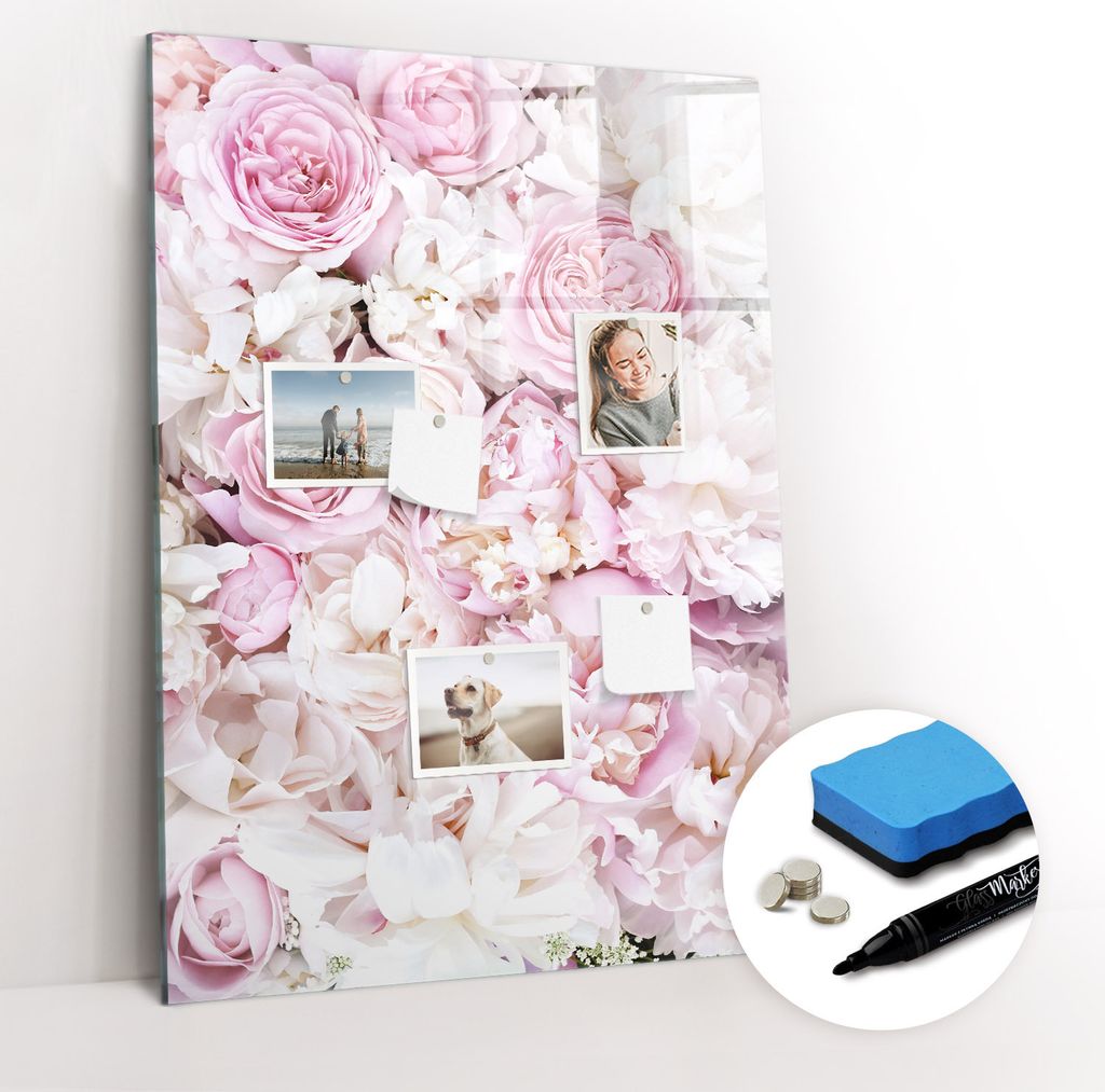 Magnetpinnwand Memoboard - Zubehörsatz - Schwarzer Marker + Schwamm + Magnete - 70 x 100 cm - Rosenblüten