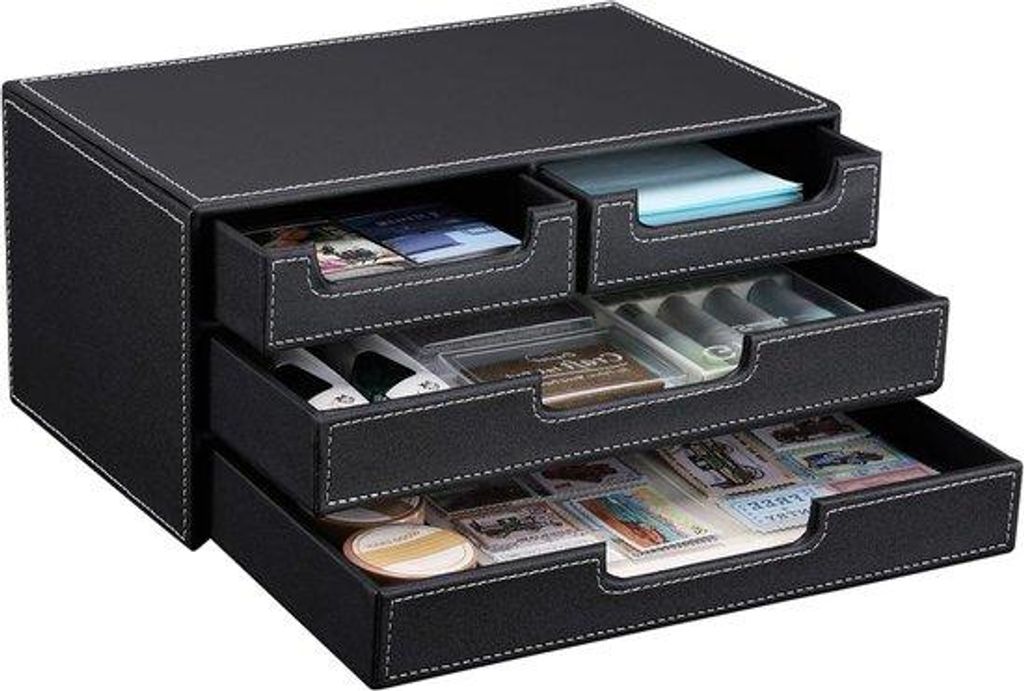 Leder Bürostation mit 4 Fächern - Schreibtischorganizer für Bürobedarf - Stilvolle Bürobox - Schwarz.