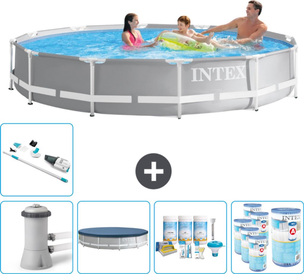 Intex Round Prism Frame Swimming Pool – 366 x 76 cm – Grau – inklusive Pumpe Abdeckung - Wartungspaket - Filter - Staubsauger