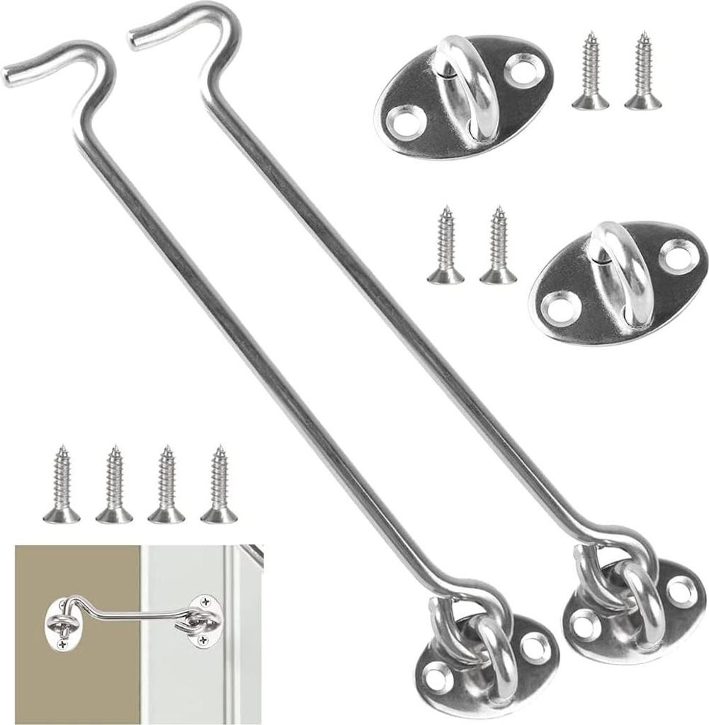 2 Stück Kabine Haken, Sturmhaken mit Ösen, 20cm Edelstahl Fensterriegel mit Montage Schrauben für Tür Garagentor Fenster Scheunentor