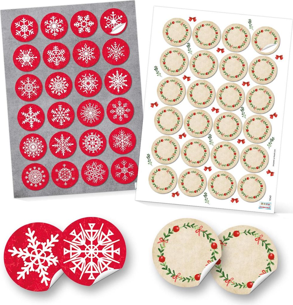 SET 2 x 24 runde Aufkleber Weihnachten 4 cm in Rot, Grün, Weiß und Blanko mit Schneeflocken