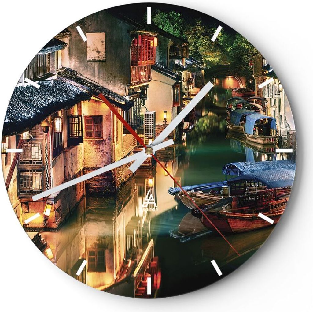 Wanduhr - Rund - Glasuhr - Chinesisch Stadt Nacht - 40x40cm - Schleichendes Uhrwerk - Lautlos - zum Aufhängen bereit - Dekoration Modern - Wanddek...