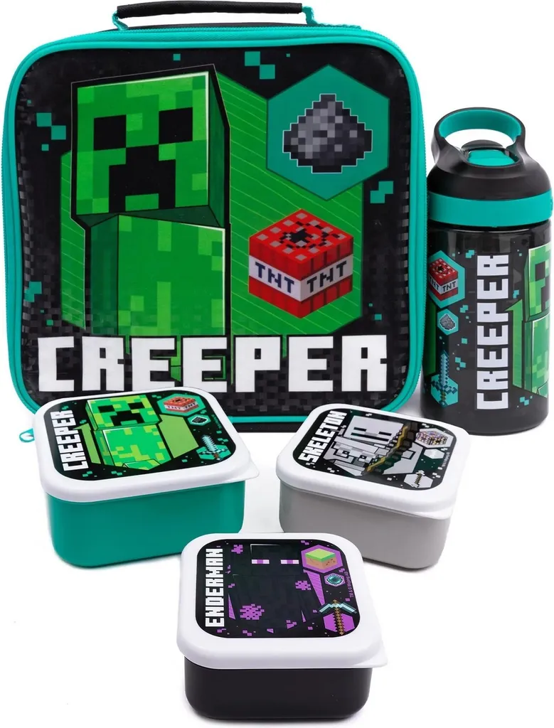 Minecraft - Borsa per la merenda e borraccia 5 pezzi NS7061 (taglia unica) (nero/verde/bianco)