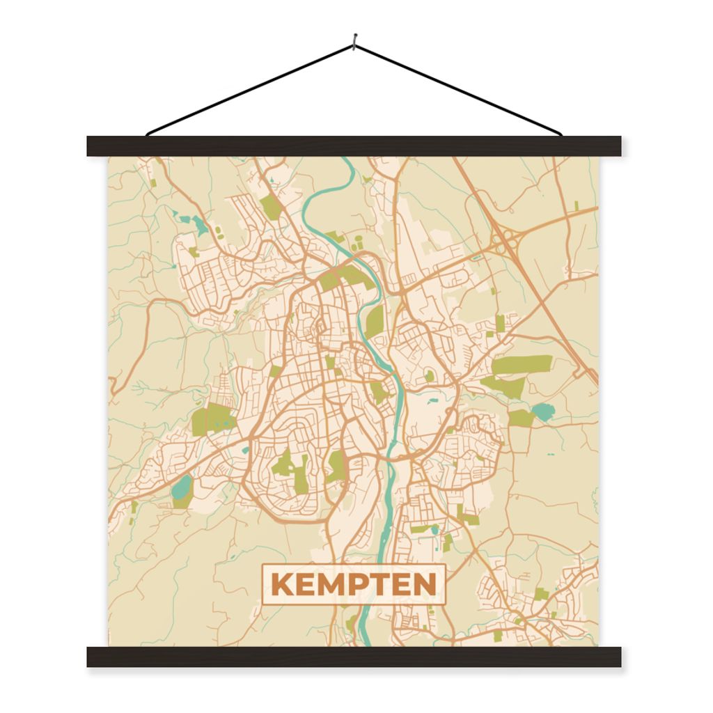 MuchoWow Textilposter Kempten - Karte - Vintage - Stadtplan 120x120 cm mit schwarzem Rahmen - Aufhängungsset