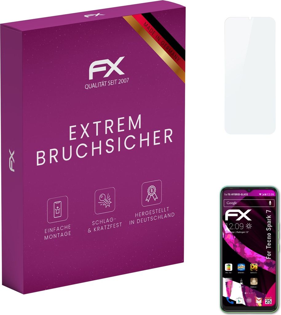 atFoliX FX-Hybrid-Glass Displayfolie kompatibel mit Tecno Spark 7 Glasfolie
