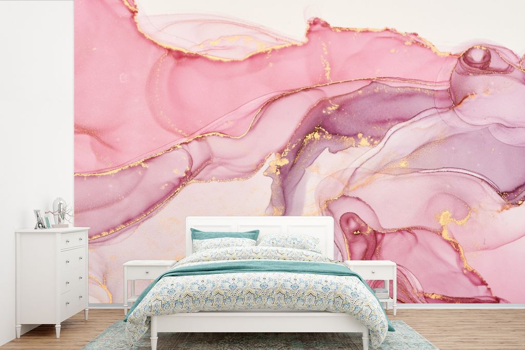 MuchoWow Fototapete für Wohnzimmer oder Schlafzimmer Wandtapete Vinyl Motivtapete Gold - Marmor - Rosa - 450x300 cm - Gemusterte