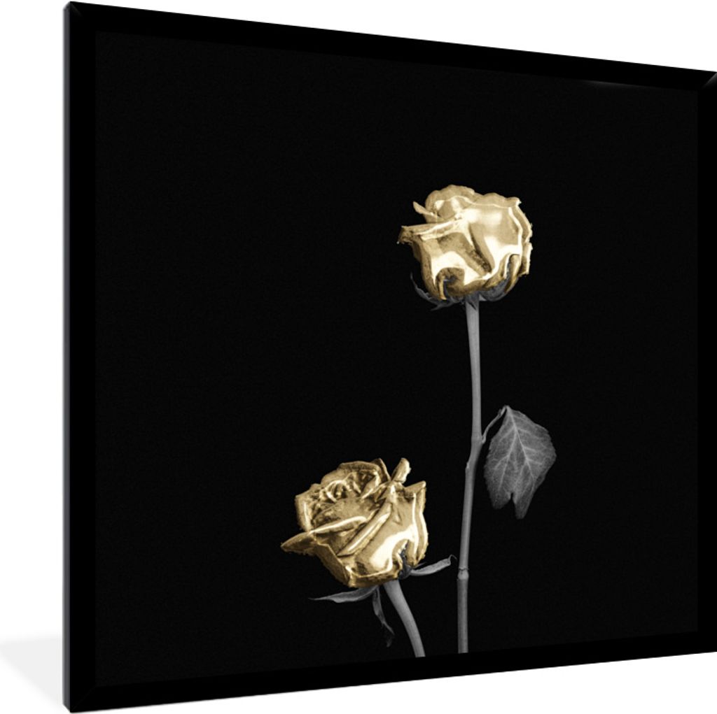 MuchoWow MuchoWow Gerahmtes Poster Rosen - Blumen - Schwarz - Weiß - Gold 40x40 cm - Poster mit zchwarzem Bilderrahmen - Mit Rahmen - Wanddeko...