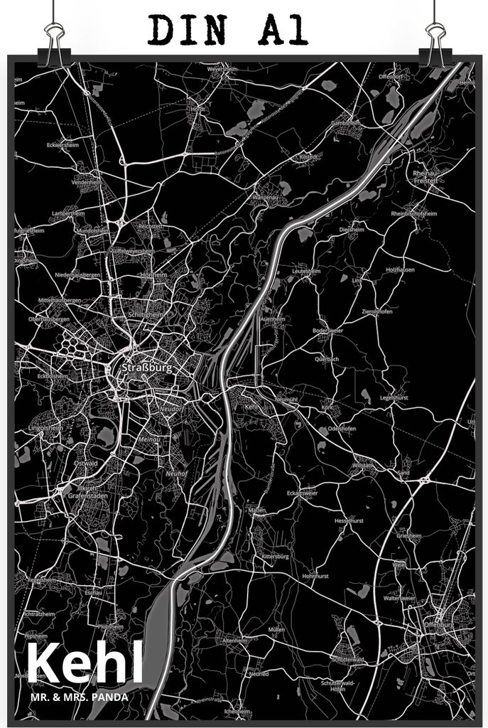 Mr. & Mrs. Panda Bild Kehl DIN A1 - Geschenk, Stadt, drucke, Wandbild, wanddeko, Plakat, Posterdruck, Dorf Karte Landkarte Map Stadtplan