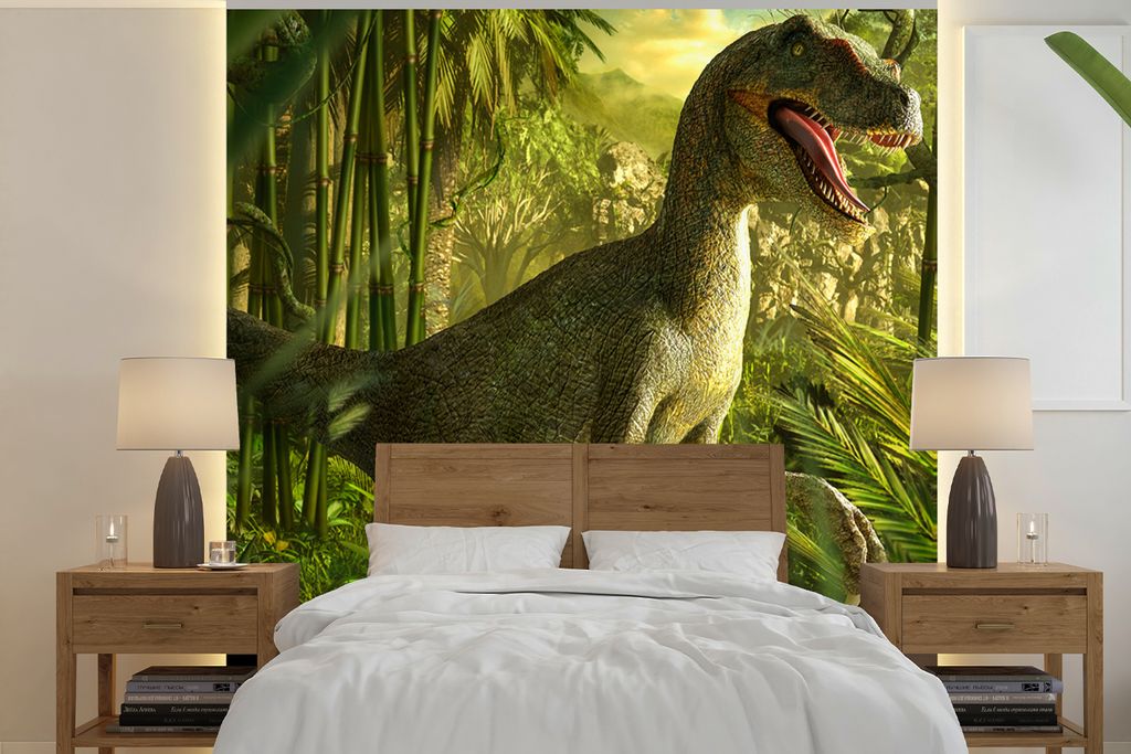 MuchoWow Fototapete für Wohnzimmer oder Schlafzimmer Wandtapete Vinyl Motivtapete Dinosaurier - Pflanzen - Grün - Illustration - Kinder - Junge...