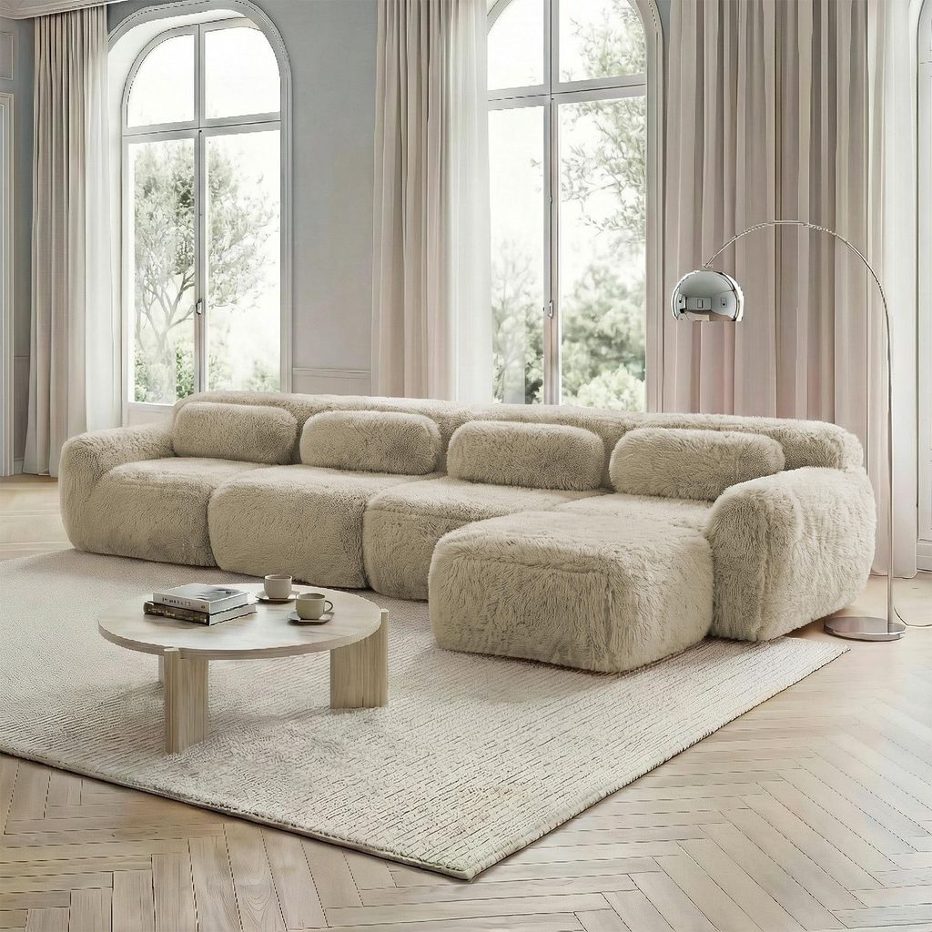 4-Sitzer L-förmiges Sofa, modulare Mehrfachkombination, keine Montage, Premium-Plüschstoff, mit Kissen. Chaiselongue-Design, hochelastischer Scha...