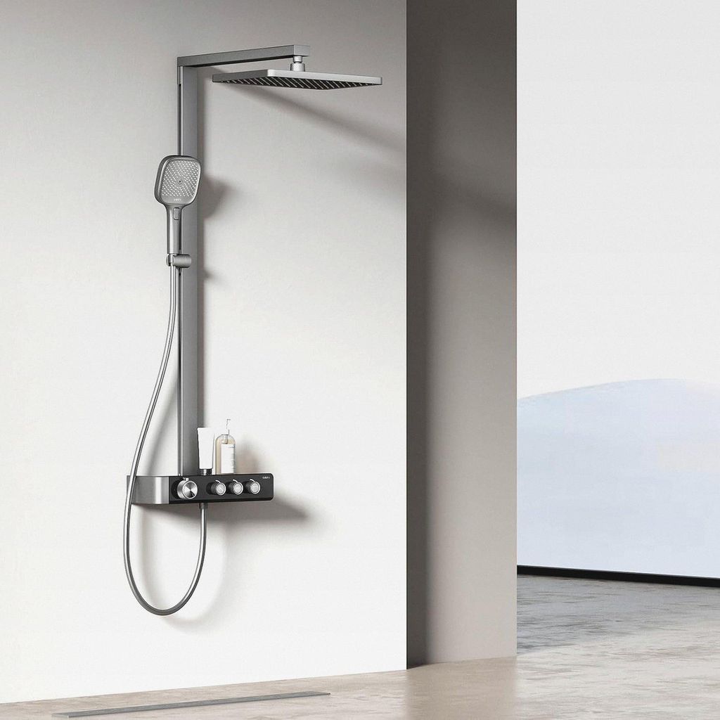 Duschsystem mit Thermostat Anthrazit Matt, Duscharmatur Komplettset, Regendusche mit Armatur inkl. großer 36x24 cm Regendusche 3 Strahlarten Handb...
