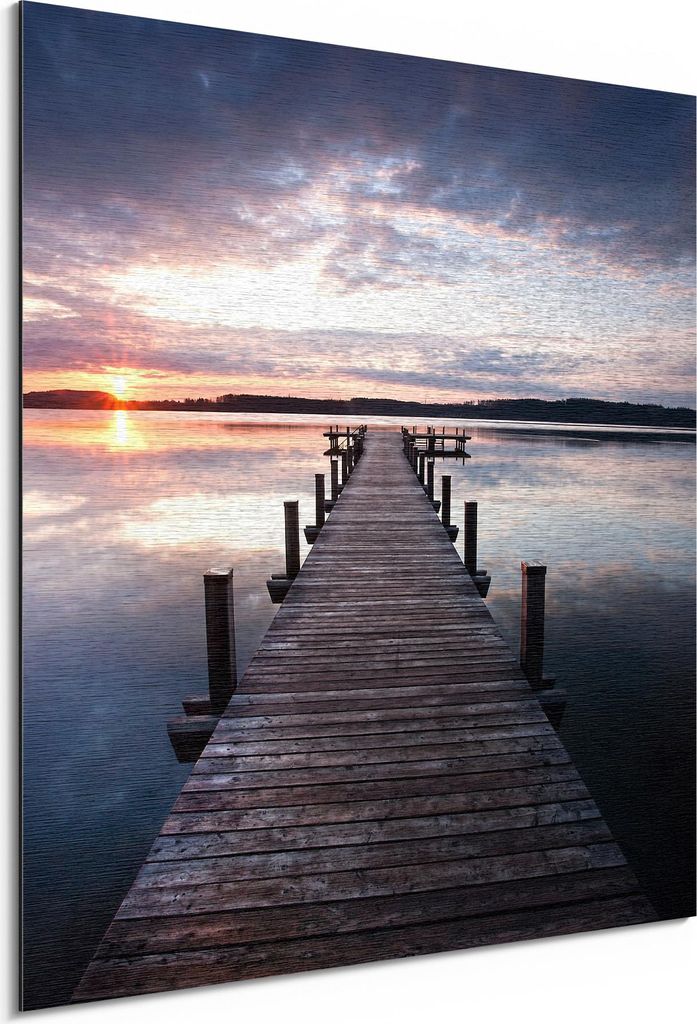 DEQORI Alu-Dibond Bild Silber 50x50 cm 'Steg bei Sonnenuntergang' Wandbild Metall dünn