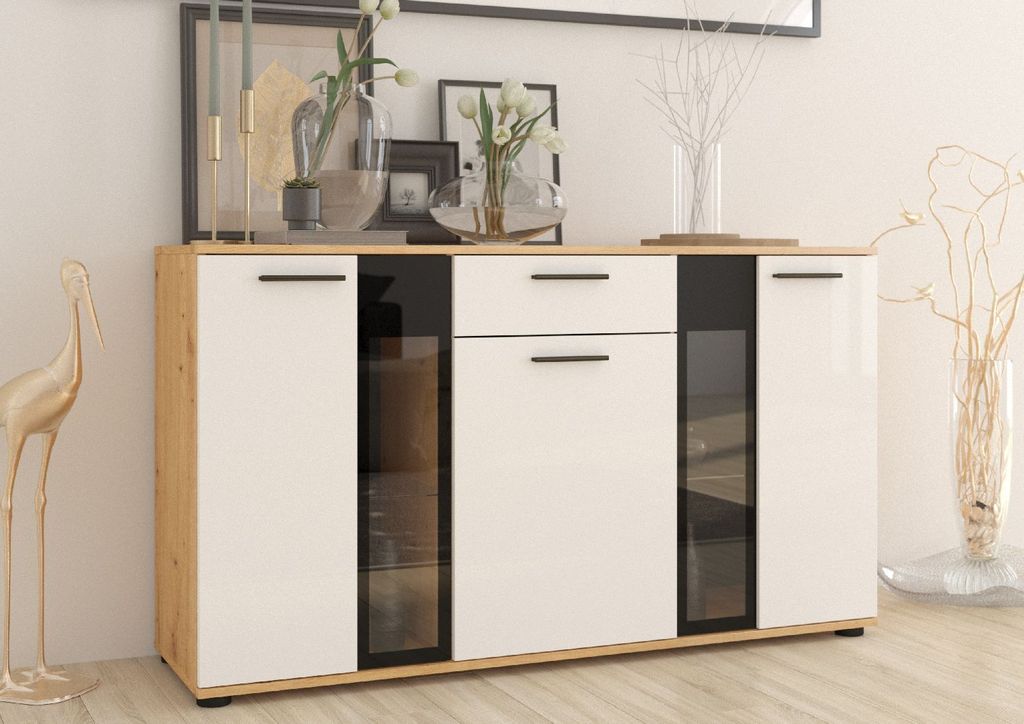 Kommode SALSA Sideboard 140,4 cm mit Schubladen mit 3 Türen Highboard Schrank Wohnzimmer Weiß/Eiche Artisan