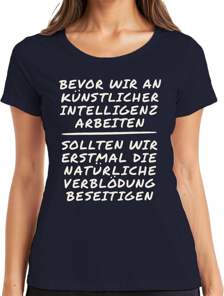 Zuerst natürliche Verblödung dann KI Programmierer Geschenk Nerd Damen T-Shirt, Navy, 3XL